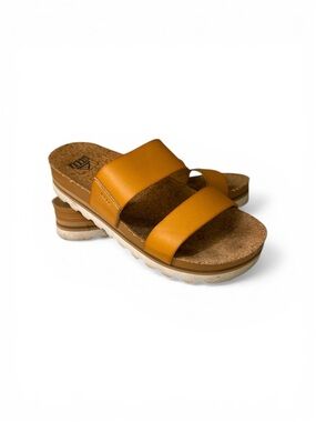 Reef Women's Two-Strap Cork Wedge Slides in Natural Leather